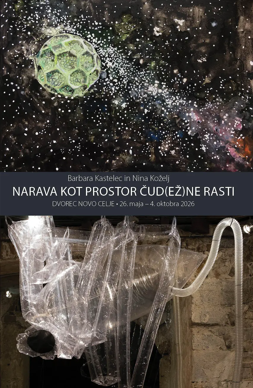 Flyer razstave Narava kot prostor čud(ež)ne rasti – Barbara Kastelec in Nina Koželj, Dvorec Novo Celje 2026