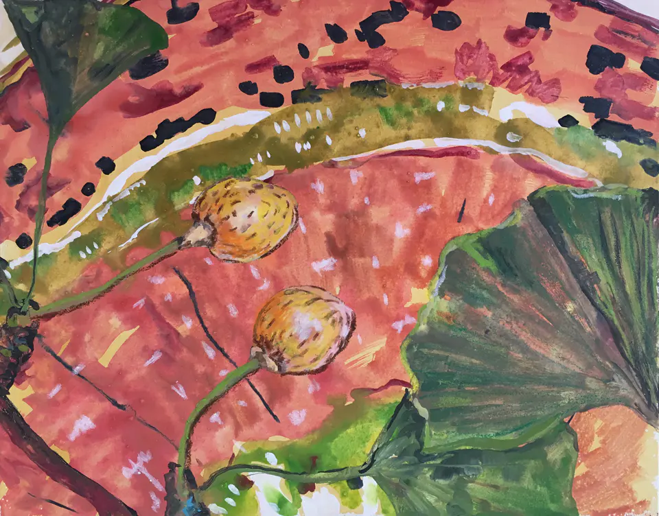 Barbara Kastelec: Rastlinske celice (Ginko), gvaš