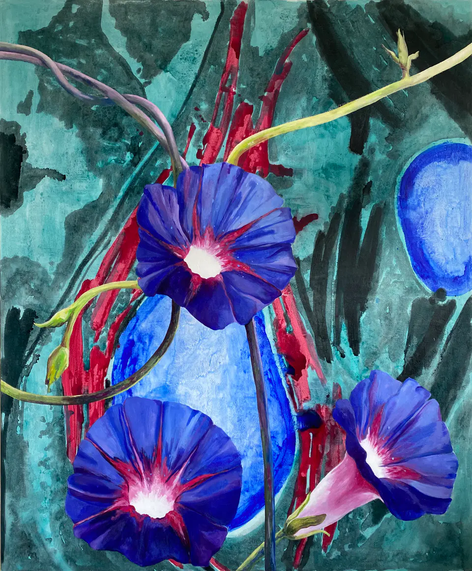 Barbara Kastelec: Rastlinske celice (Morning glory), akril na platnu