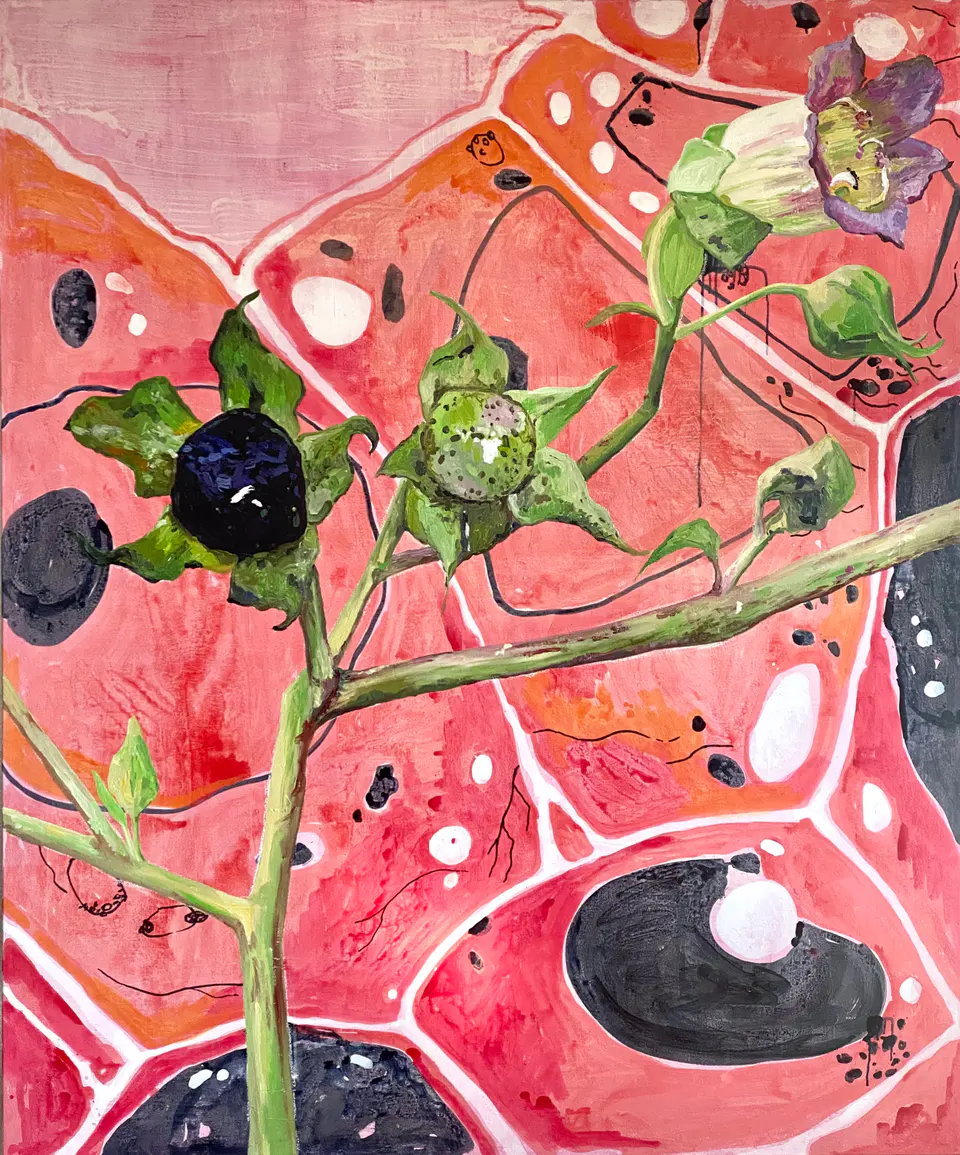 Barbara Kastelec: Rastlinske celice (Belladonna), akril na platnu
