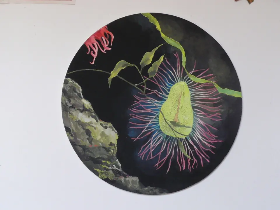 Barbara Kastelec: Semena (Hibiscus mutabilis/Phylum Annelida (2014)
gvaš na platnu), gvaš
