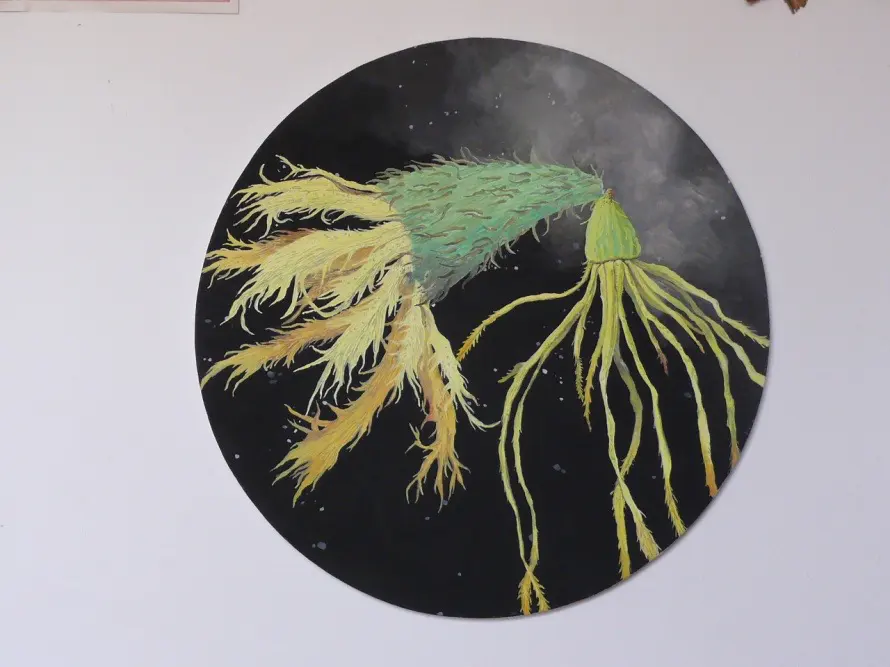 Barbara Kastelec: Semena (Xanthisma texanum-Galinsoga branchystephana/Phylum Cnidaria (2014)
gvaš na platnu), gvaš