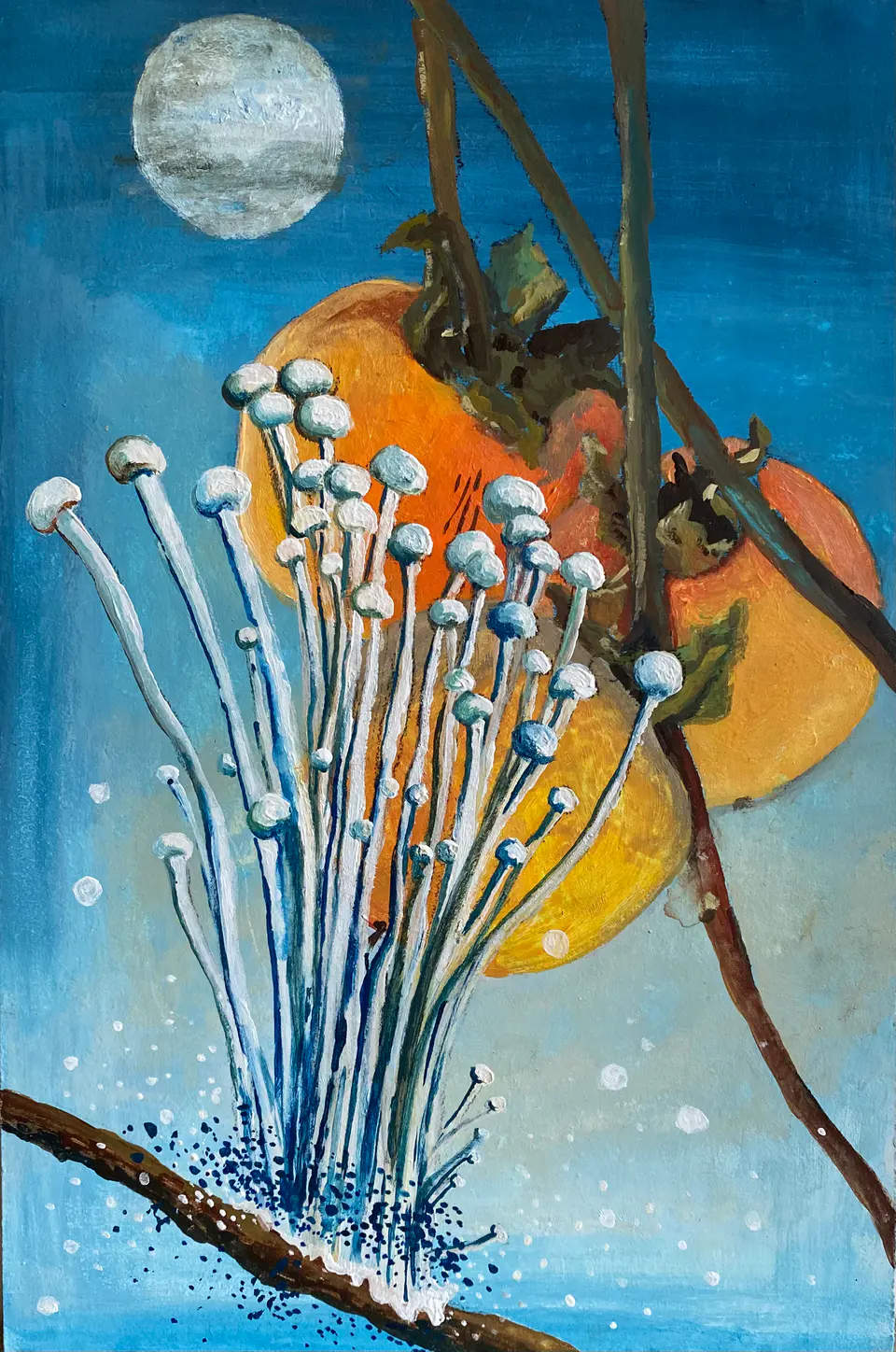Barbara Kastelec: Življenje; Gobe (Enoki mushroom and full moon), slikarsko delo