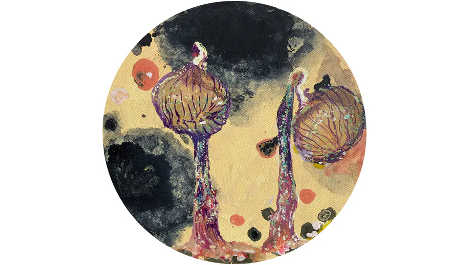 Barbara Kastelec: Življenje; Sluzavci (Cribraria cancellata), mešana tehnika