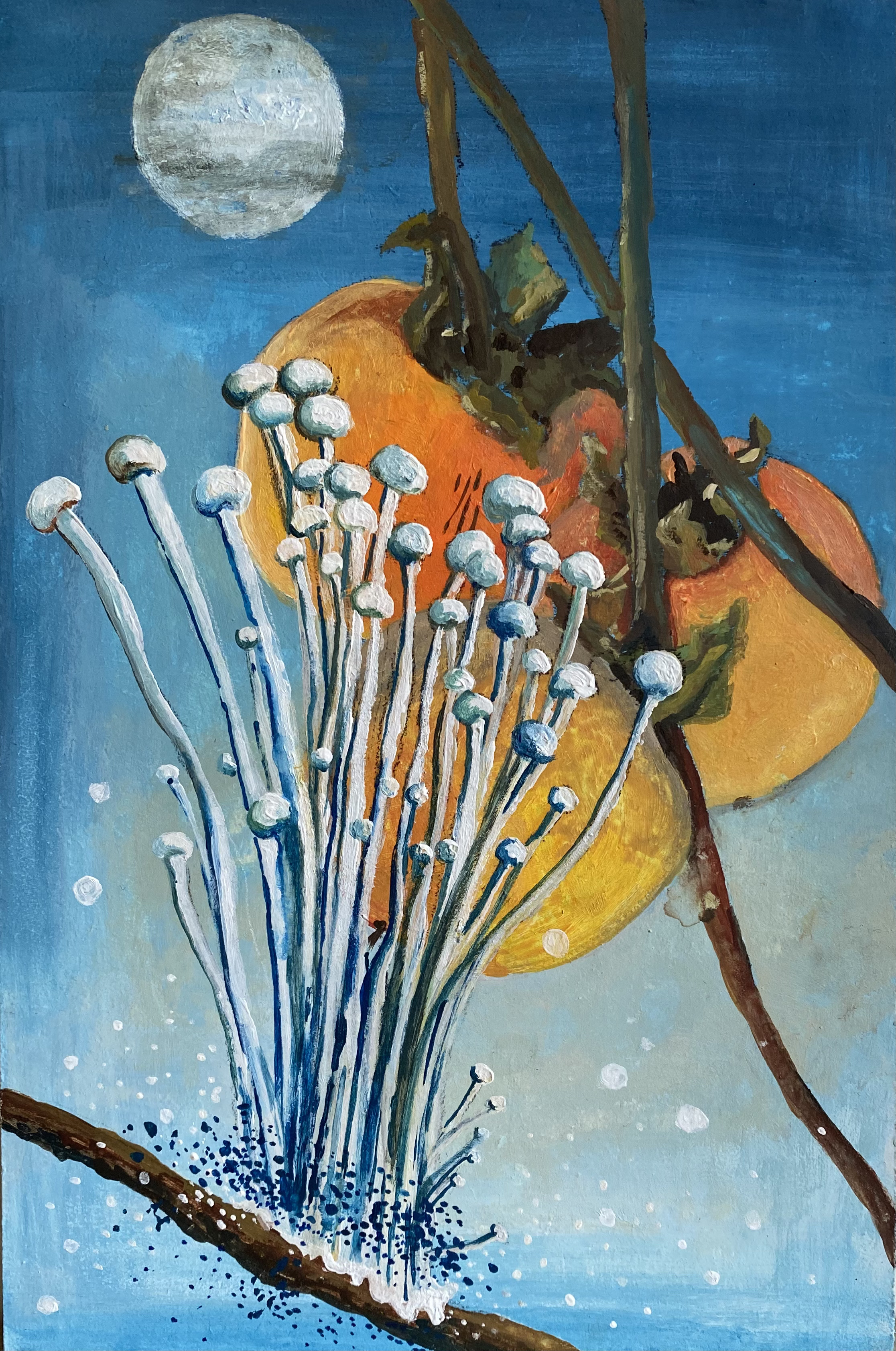Enoki mushroom and full moon, 24x16 cm, aquarell on wooden panel, 2022